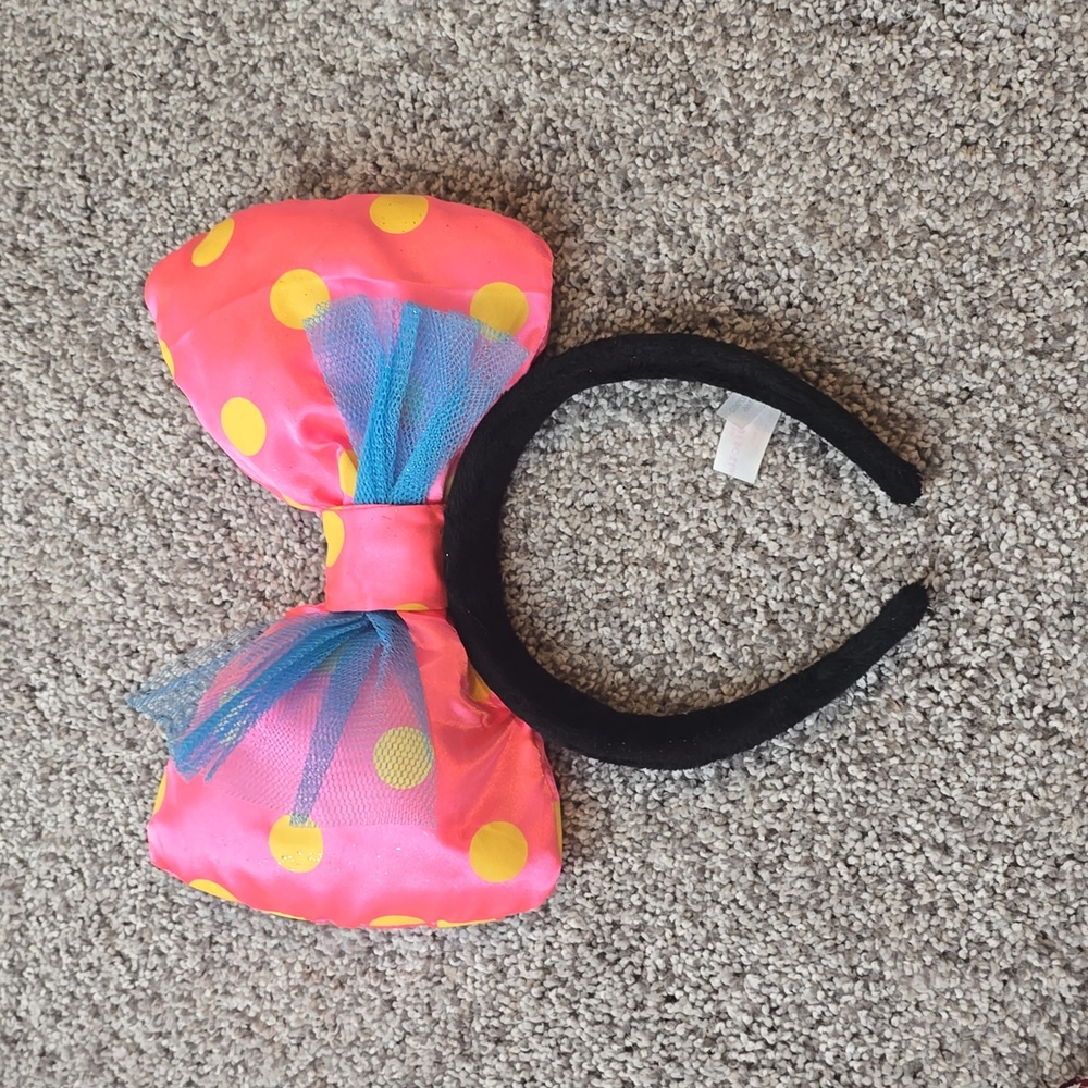 Disney Pink Polka Dot Bow Headband with Yellow Dots and Blue Tulle
